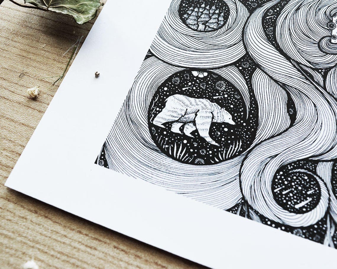 Artemis Greek Goddess Pen Drawing Animals Nature Woman Etsy