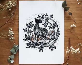 Deer Lord  - limited edition print | Pen and ink drawing, Nature, Folk Art, Magical art, Autumn, Tales, Wall Decor | A4 size Print