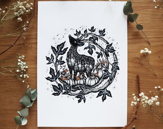 Deer Lord Limited Edition Print: Pen & Ink Folk Art, A4
