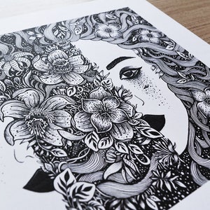 Falling Open Pen Drawing, Woman, Black and White, Florals, Night, Space, Magic A4 size Print image 2