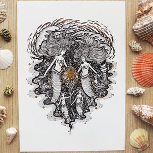 Limited edition print with Gold Paint, ''Mermaids of the Seashell Sun'' Pen drawing, Mythology, Sun, Ocean, Sea life A4 size Print image 2