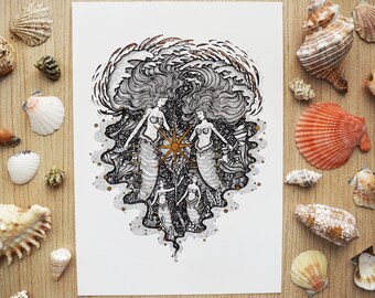 Limited edition print, ''Mermaids of the Seashell Sun''| Pen drawing, Mythology, Sun, Ocean, Nature, Sea life, Coral Reef | A4 size Print