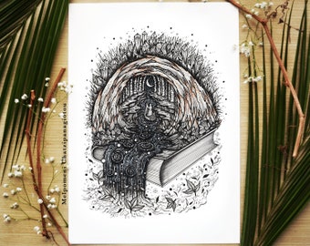 River of Sorrows || A4 size single Print, Boat, Moon, Nature, Book, Mountain Cave. Illustrated by Melpomeni Chatzipanagiotou