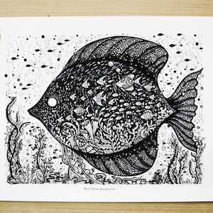 Tropical Fish Pen drawing, Fantasy Art, Ocean Art, Night, Nature, Underwater, Moon, Sea life, Sea plants A4 size Print image 1