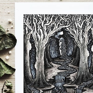 Nymph of the Spirit Trees Pen drawing, Moon, Night, Nature, Landscape, Fantasy Art, Folk Art, Mountains, Cabin, River Fine Art Print image 2