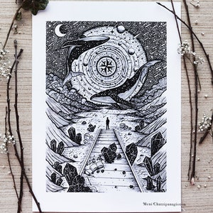 May include: Black and white ink drawing of two whales swimming through a galaxy with a compass in the center. A person stands on a path leading to the whales, surrounded by crystals.