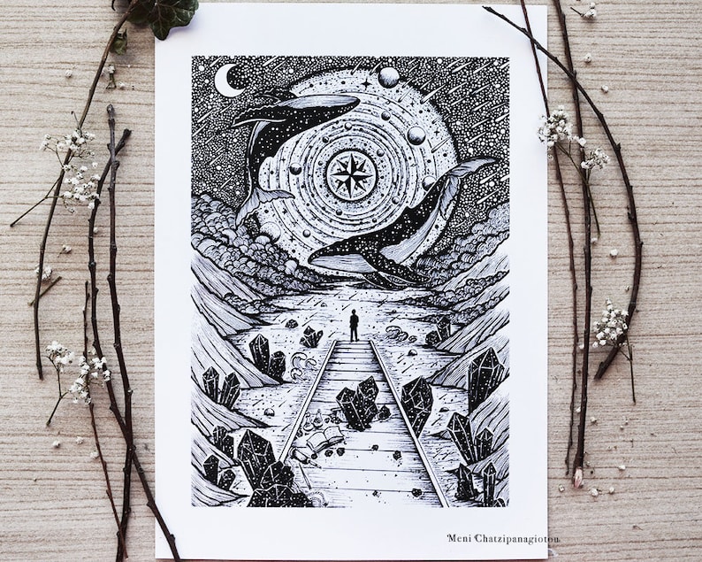 May include: Black and white ink drawing of two whales swimming through a galaxy with a compass in the center. A person stands on a path leading to the whales, surrounded by crystals.