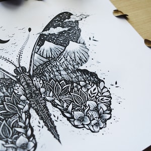 May include: Black and white line art drawing of a butterfly with a mountain range and a starry sky on one wing and a floral design on the other wing.