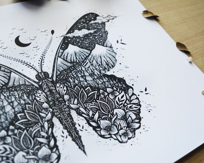 May include: Black and white line art drawing of a butterfly with a mountain range and a starry sky on one wing and a floral design on the other wing.