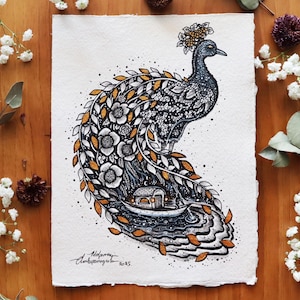 Pavone Familiare - Piccola opera d'arte originale // Carta fatta a mano, Luna, Notte, Gita in barca, Arte fantasy, Botanico, disegno a penna,