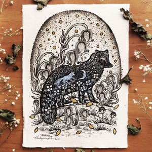 Fox Familiar - Small Original Artwork || Handmade Paper, Moon, Night, Sun, Fantasy Art, Bluebells, Art decor, mystical, pen and ink drawing.