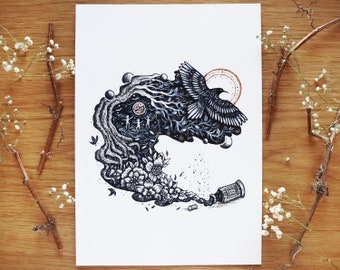 The Potion Ritual - limited edition print | Pen drawing, Bird, Dance, Magic, Flowers, Moon, Autumn, Botanical | A4 size Print