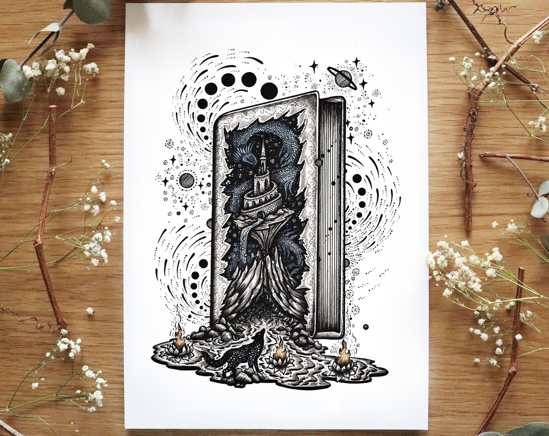 Book Portal | Pen Drawing, Fantasy Art, Mountains, Space, Nature, Tower ...