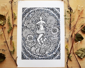 Persephone - Goddess of Spring || Home Decoration, Fine Art Print, Flowers, Ancient Goddess, Nature, Deer, Home Decor