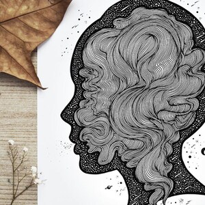 Tangled Thoughts, A4 Vertical size Print. Face, Line Art, Surreal Art, Celestial, Mind. Designed by Menisart image 2