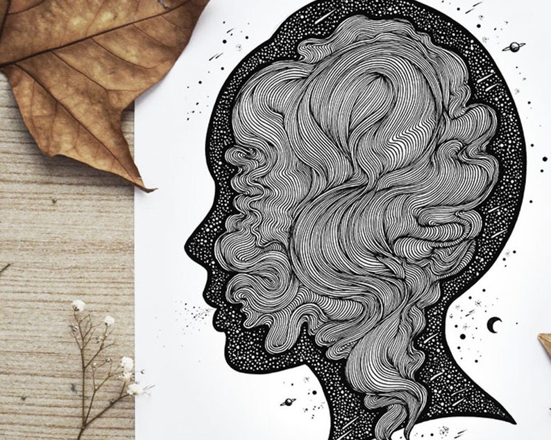 Tangled Thoughts, A4 Vertical size Print. Face, Line Art, Surreal Art, Celestial, Mind. Designed by Menisart image 2