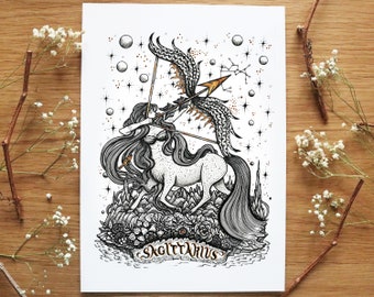 Sagittarius - Zodiac signs, Surreal Art, Bow and arrow, Botanical, Astrology, Horoscope, Stars, Home Decor (A4 size Illustration Print)