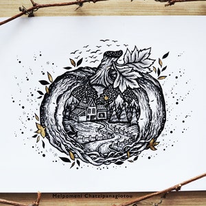 Limited edition print, Mystical Pumpkin | Pen drawing, Cabin house, Moon, Faces, Nature, Landscape, Mountain | A4 size Print