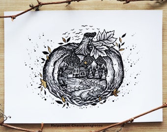 Limited edition print, Mystical Pumpkin | Pen drawing, Cabin house, Moon, Faces, Nature, Landscape, Mountain | A4 size Print