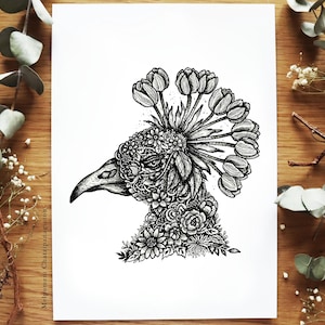 Peacock - limited edition print | Pen drawing, Nature, Folk Art, Flowers, Spring, Summer, Botanical | A4 size Print