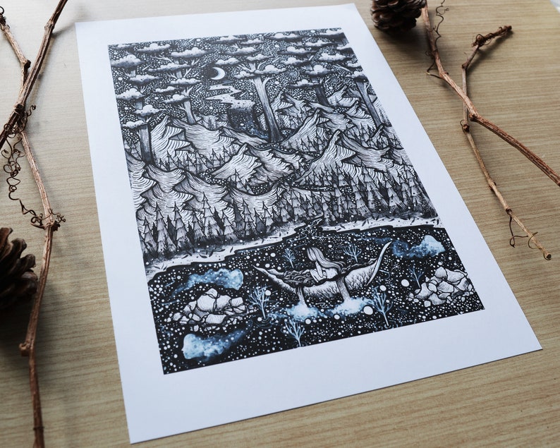 Soul Lake Pen drawing, Moon, Night, Nature, Landscape, Fantasy Art, Folk Art,Mountains, River A4 size Print image 2
