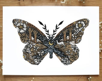 Art print, Wooden Butterfly, limited edition print | Pen drawing, Nature,, Folk Art, Mountains, Autumn, Bird | A4 size Print
