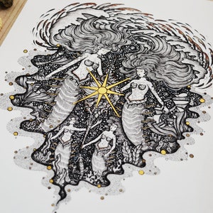 Limited edition print with Gold Paint, ''Mermaids of the Seashell Sun''| Pen drawing, Mythology, Sun, Ocean, Sea life || A4 size Print