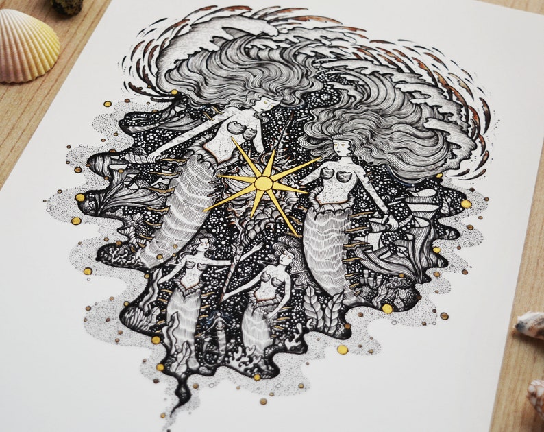 Limited edition print with Gold Paint, ''Mermaids of the Seashell Sun'' Pen drawing, Mythology, Sun, Ocean, Sea life A4 size Print image 1