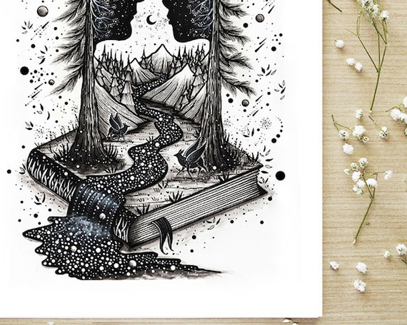 Life in a Book | Reading, Pen drawing, Travel, Nature, Woman, Decor Art,  Halloween | A4 size Print