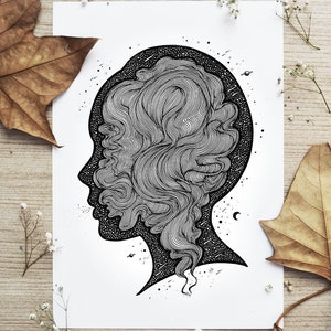 Tangled Thoughts, A4 Vertical size Print. Face, Line Art, Surreal Art, Celestial, Mind. Designed by Menisart image 1