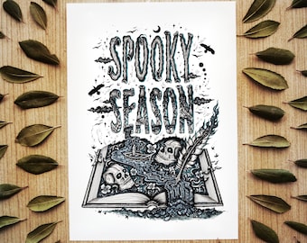 Spooky Season || Fine Art Print, Book, Halloween art, Skull, Moon. Illustrated by Melpomeni Chatzipanagiotou