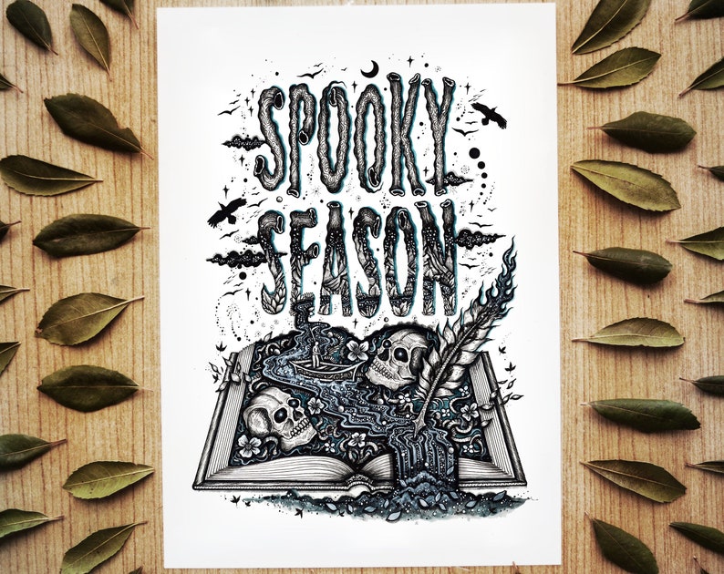 Spooky Season || Fine Art Print, Book, Halloween Art, Skull, Moon