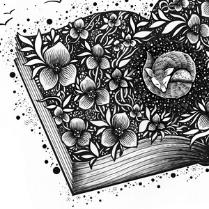 Sweet Dreams, Fox Pen drawing, Fantasy Art, Folk Art, Night, Nature, Landscape, Flowers, Fox, Book A4 size Print image 2