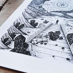 May include: A black and white illustration of a person standing on a path lined with crystals and other objects. The path leads to a starry sky with a compass in the center.