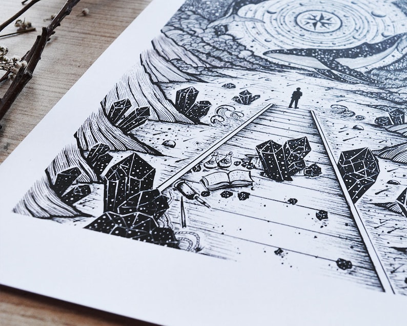 May include: A black and white illustration of a person standing on a path lined with crystals and other objects. The path leads to a starry sky with a compass in the center.