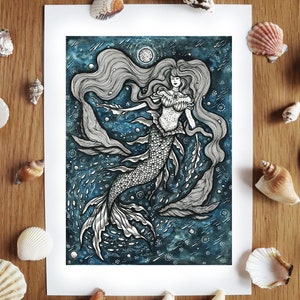 Mermaid: Creature of the Deep Ocean Mythical Creature, Whales, Underwater, Home Decor A4 size Art Print By Melpomeni Chatzipanagiotou image 1