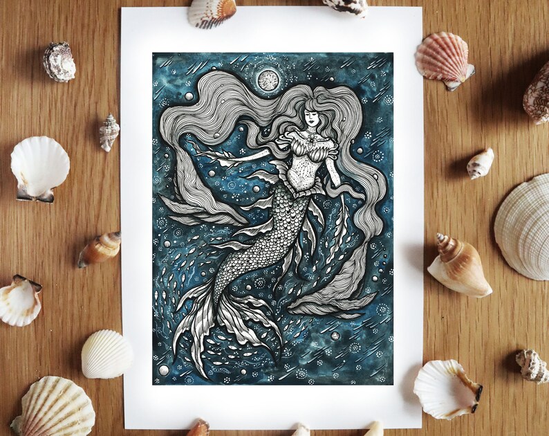 Mermaid: Creature of the Deep Ocean Mythical Creature, Whales, Underwater, Home Decor A4 size Art Print By Melpomeni Chatzipanagiotou image 1