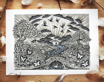 Campagna, in riva al fiume // Stampa formato A4, Fiori botanici, Alberi, Natura, Anatra, Arte fluviale, Arte fantasy di Melpomeni Chatzipanagiotou