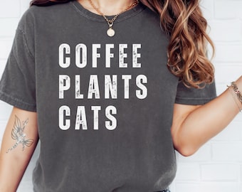 Maglietta per gatti e piante da caffè, colori comodi, maglietta retrò con piante, regalo per mamma gatto, regalo per amante delle piante, maglietta per amanti del caffè, maglietta per giardiniere, maglietta per gatti