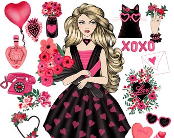 Valentines Girl Clipart | Valentines Clip Art | Romance Clipart | Heart Clipart | Love Clipart | Fashion Girl Clipart | Planner Girl Clipart
