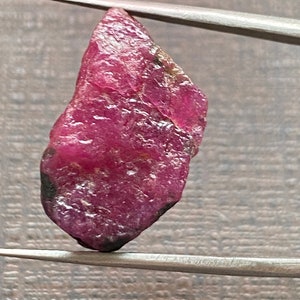 May include: A large, rough, pink ruby gemstone held by tweezers. The ruby has a deep, rich color and is a natural, unpolished stone.