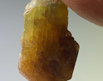 May include: A yellow-brown crystal with a striated surface. The crystal is translucent and has a slightly rough texture.