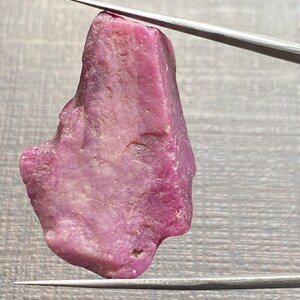 May include: A rough, uncut ruby gemstone held by tweezers. The ruby is a deep pinkish-red color with a textured surface. The tweezers are silver and are holding the gemstone for display.