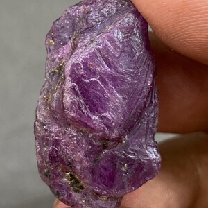 May include: A raw, uncut ruby gemstone. The ruby is a deep, rich purple colour with a rough, textured surface. The gemstone is held between two fingers, showcasing its natural form and colour variations. Small dark inclusions are visible.
