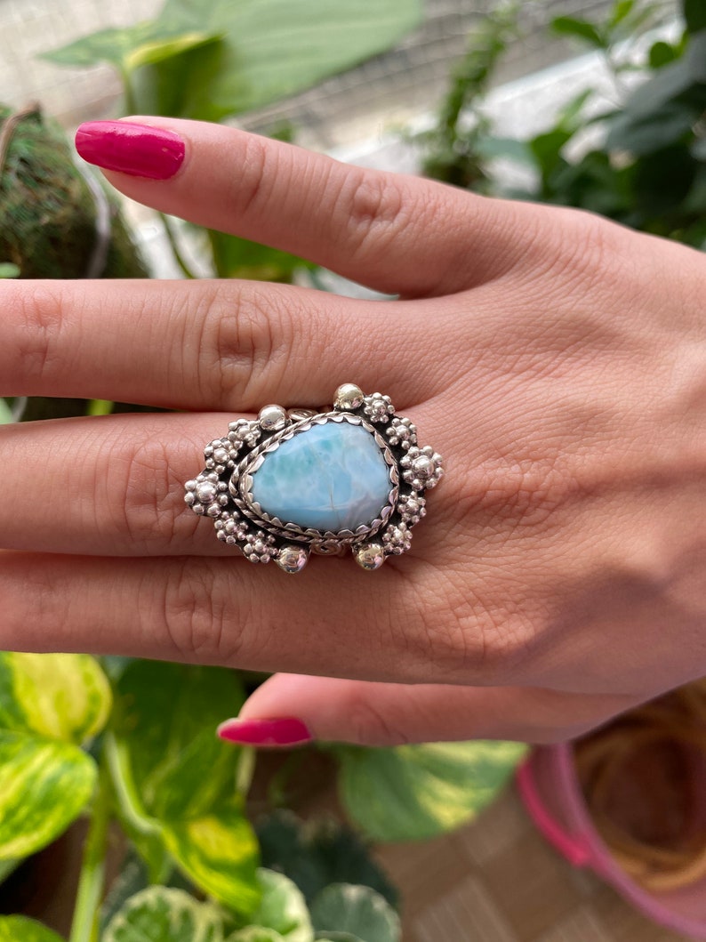 Lovely larimar ring boho ring hippie girl gypsy style amethyst ring stunner 925 sterling silver ring statement ring flower ring Larimar ring