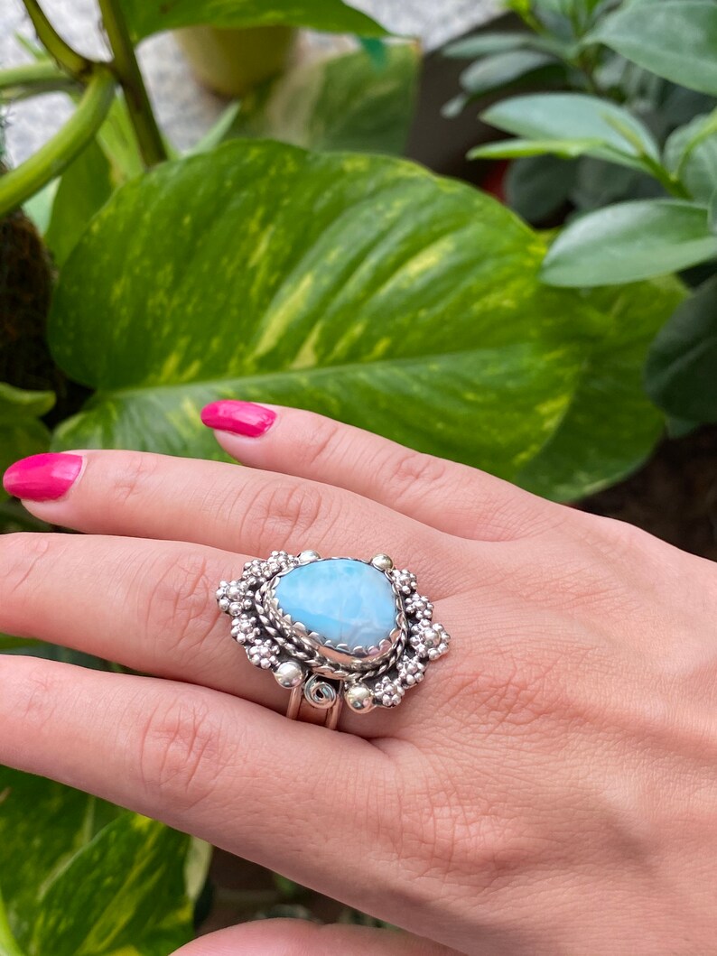 Lovely larimar ring boho ring hippie girl gypsy style amethyst ring stunner 925 sterling silver ring statement ring flower ring Larimar ring
