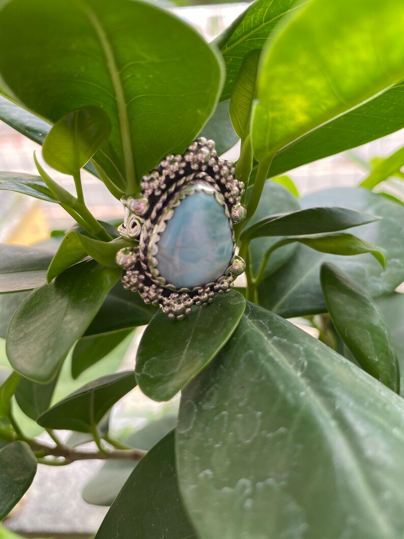 Lovely larimar ring boho ring hippie girl gypsy style amethyst ring stunner 925 sterling silver ring statement ring flower ring Larimar ring