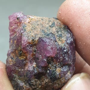 May include: A raw ruby gemstone, displaying a rich pink-red colour. The surface is textured, with a mix of crystalline and earthy components, showing natural colour variations. The stone is held in a hand.