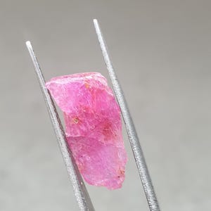 May include: A raw, vivid pink ruby gemstone is held by silver tweezers. The ruby has a textured surface and an irregular shape, showing its natural, unpolished state. The background is a soft, neutral grey.