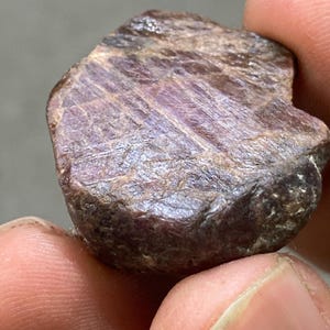 Puede incluir: Una gema de rubí en bruto, de color burdeos oscuro y con una estructura cristalina visible. La piedra natural tiene una forma irregular y una superficie texturizada, mostrando su estado bruto y sin pulir.